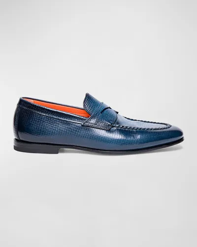 Santoni Men's Door Textured Leather Penny Loafers In Blue