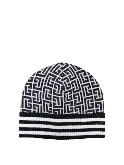 Balmain Monogram-print Ribbed-brim Beanie In Black