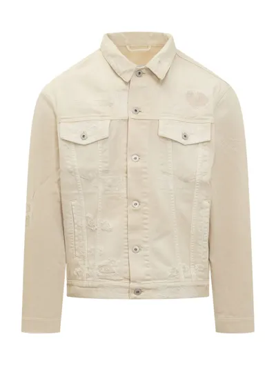 Heron Preston Logo Patch Distressed Denim Jacket In Beige