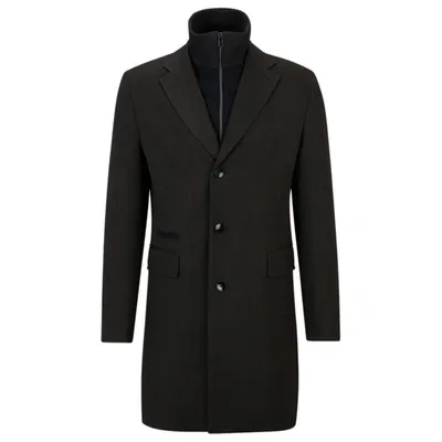 Hugo Boss Water-repellent Wool-blend Coat With Zip-up Inner In Grey