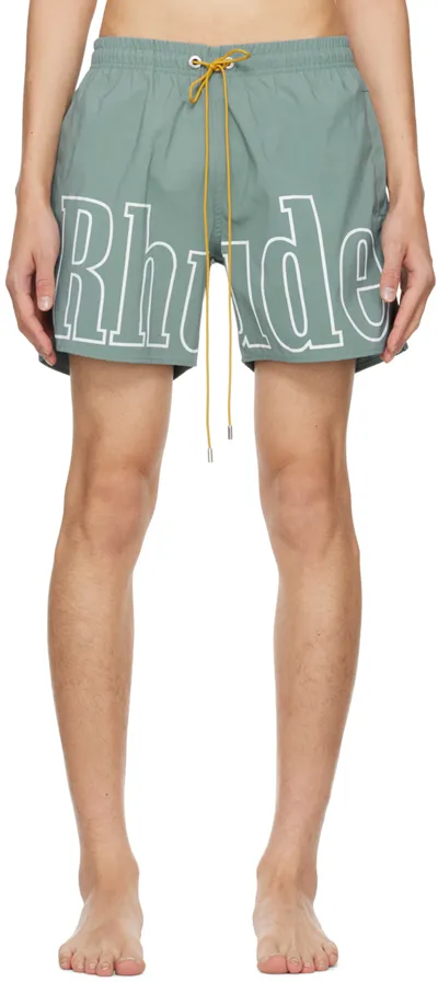 Rhude Green Printed Swim Shorts In Teal And Ivory