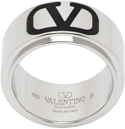 Valentino Garavani Silver Vlogo Signature Ring In Palladium/nero