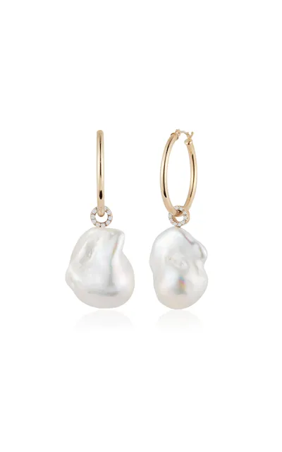 Mateo 14kt Yellow Gold Diamond; Baroque Pearl Earrings In White