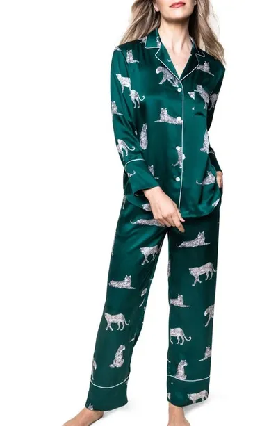 Petite Plume Panthre De Nuit Piped Mulberry Silk Pajamas In Green