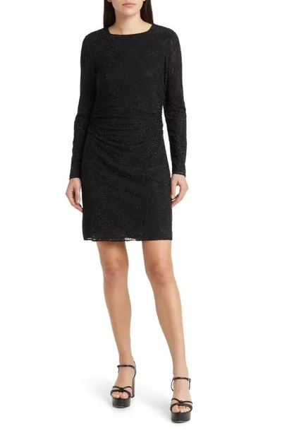 Kobi Halperin Inverse Sequin Ruched Long Sleeve Lace Minidress In Black