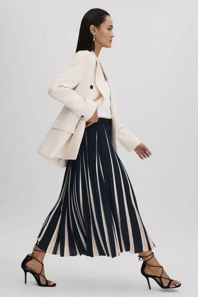 Reiss Navy/cream Pleated Striped Midi Skirt