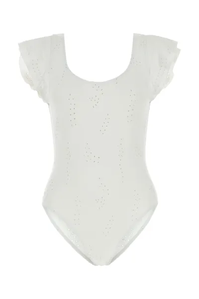 Chloé Flounced Sleeve Scoop Back Swimsuit With Embroidery In White