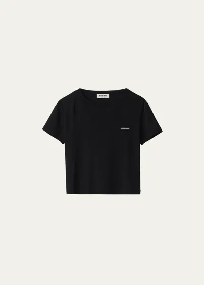 Miu Miu Short Sleeve Jersey Top In Nero