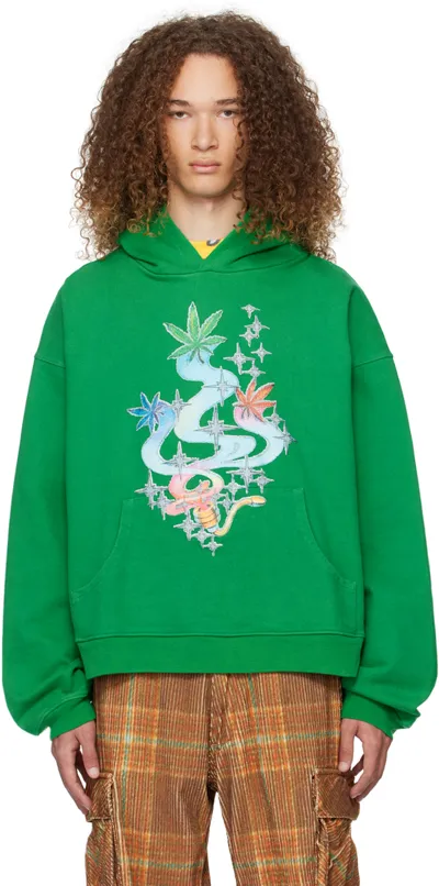 Erl Leaf-print Cotton-jersey Hoodie In Green