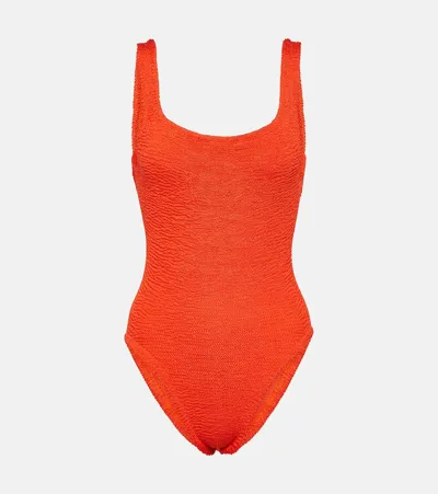 Hunza G Classic Seersucker One Piece Swimsuit In Metallic Tangerine