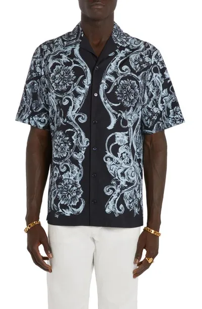 Versace Barocco Stencil Cotton Shirt In Black