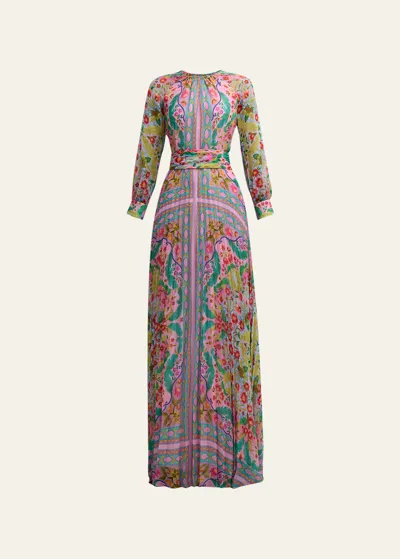 Rickie Freeman For Teri Jon Pleated Floral-print Chiffon Gown In Pink Multi