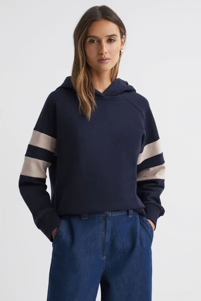 Reiss Navy/stone Dee Cotton Blend Striped Hoodie