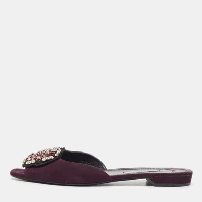 Pre-owned Prada Purple Suede Crystal Embellished Flat Slides Size 39.5