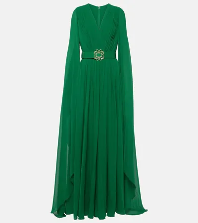 Elie Saab Pleated Silk Chiffon Gown In Green