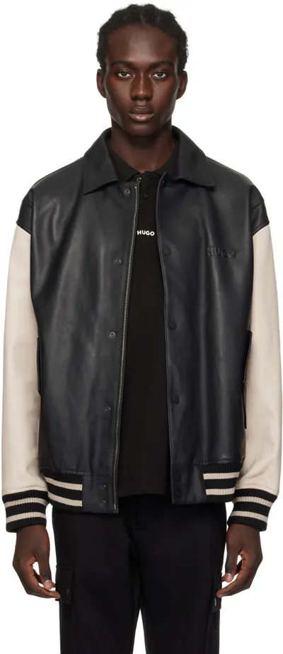 Hugo Leather Varsity Jacket With Oversize Embossed Logo In Black