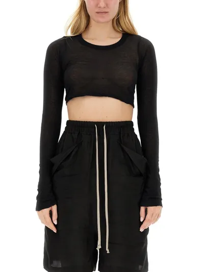 Rick Owens Long Sleeved Cropped Crewneck Top In Black