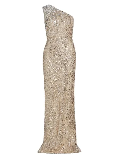 Pamella Roland Women's Sequined Swirl One-shoulder Tulle Gown In Taupe Silver