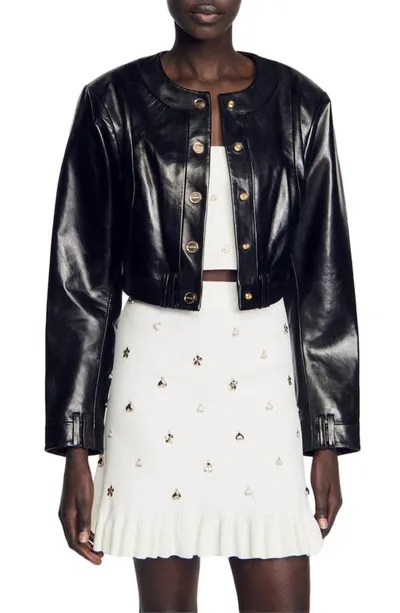 Sandro Miley Leather Crop Jacket In Black