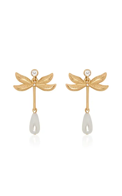 Oscar De La Renta Double Wing Dragonfly Pewter And Pearl Earrings In Gold