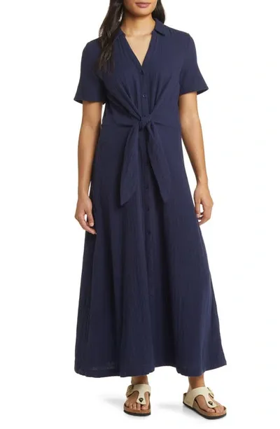 Caslon Vacation Tie Front Gauze Shirtdress In Navy Peacoat