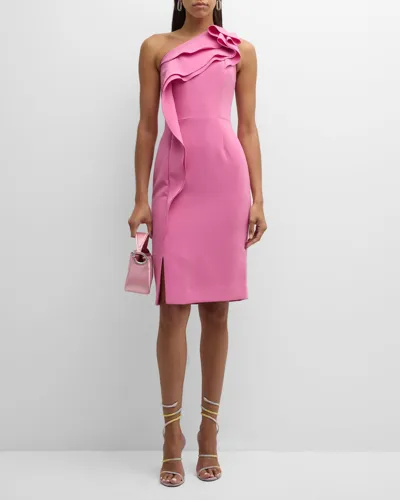 Rickie Freeman For Teri Jon Ruffle One-shoulder Crepe Midi Dress In Pink