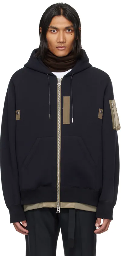 Sacai Layered Zip-up Drawstring Hoodie In Navy