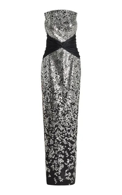 Pamella Roland Strapless Sequin Embroidered Tulle Twisted Gown In Silver