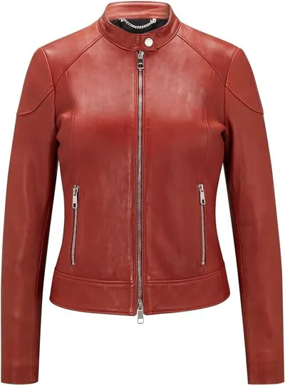 Pre-owned Hugo Boss Damen Leder Jacke C Saflima1 , 50472482 Rot, 3xl/ 46 Eu / 18 Uk