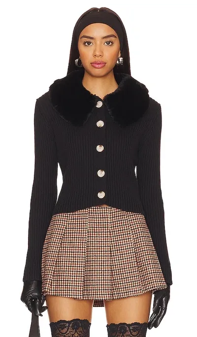 Central Park West Delilah Faux Fur Collar Cardigan In 黑色