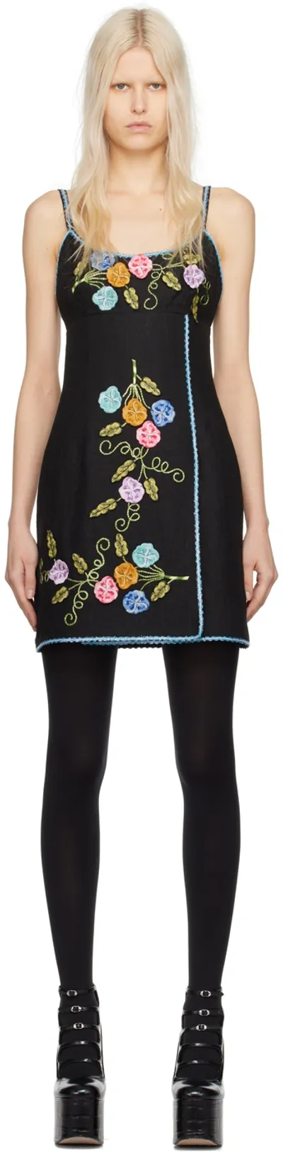 Anna Sui Black 3d Pansy Minidress In Black Multi