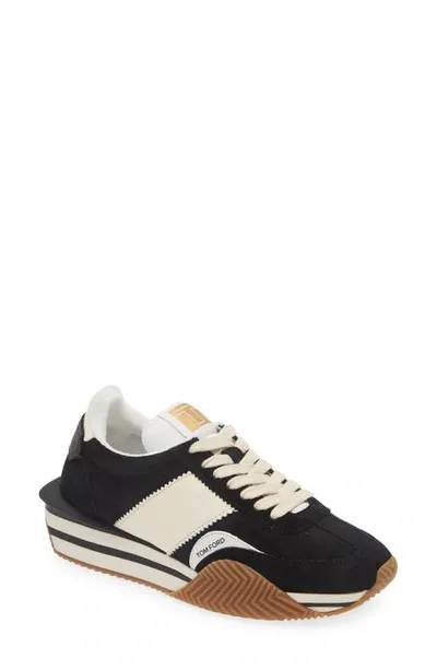 Tom Ford James Mixed Media Low Top Sneaker In Black Cream