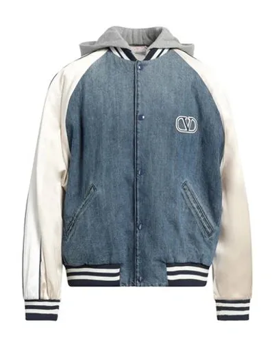 Valentino Denim Bomber Jacket With Satin Sleeves And Vlogo Signature Patch In Blue