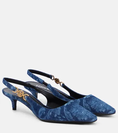 Moncler Versace Barocco Denim Slingback Pumps In Blue