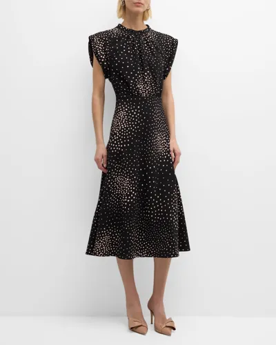 Rickie Freeman For Teri Jon Polka-dot Cap-sleeve Crepe Midi Dress In Black White