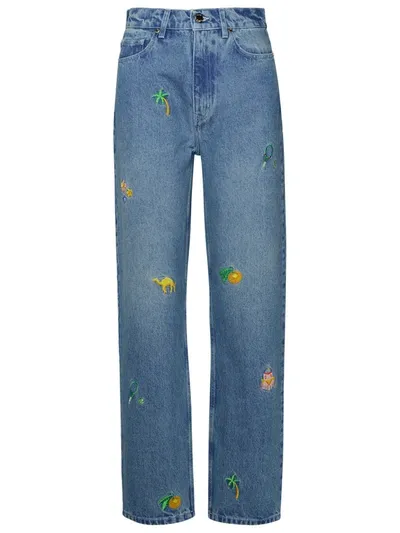 Casablanca Embroidered Denim Straight Jeans In Blue