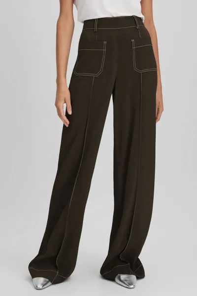 Reiss Khaki Contrast Stitch Wide Leg Trousers