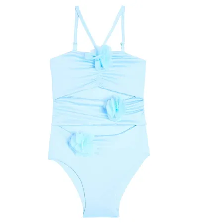 Monnalisa Kids' Floral-appliqué Swimsuit In Blue