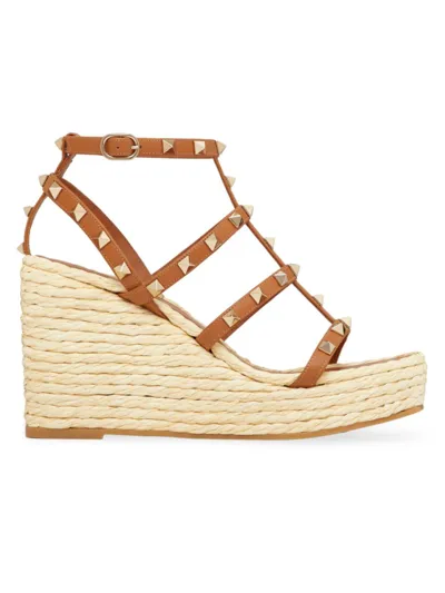 Valentino Garavani Rockstud Caged Wedge Espadrille Sandals In Natural Almond