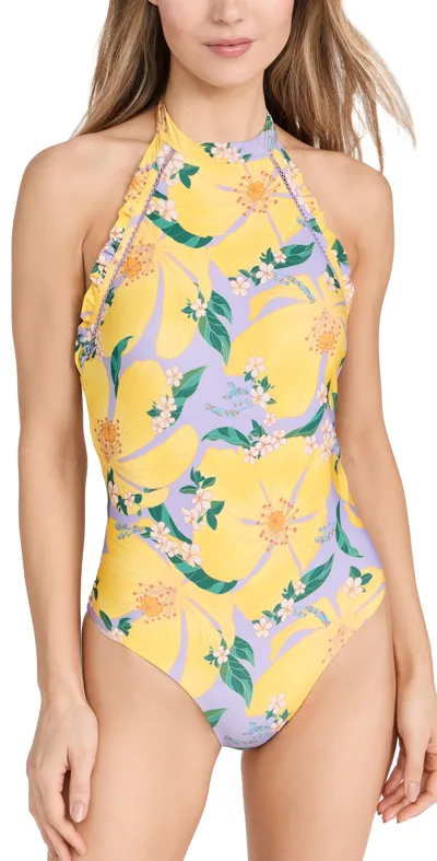 Farm Rio Pietra Floral One Piece Pietra Floral Lilac Xs In Yellow