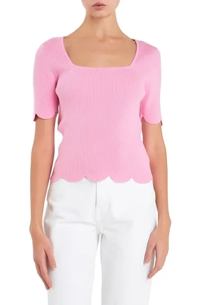 English Factory Scallop Hem Square Neck Rib Sweater In Pink