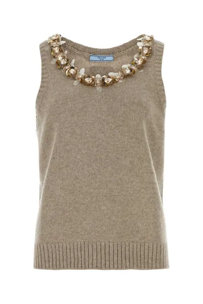 Prada Sequin Embellished Knit Tank Top In Brown