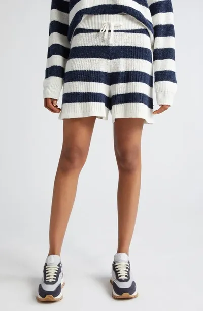 Eleventy Stripe Cotton & Linen Blend Drawstring Sweater Shorts In White And Navy