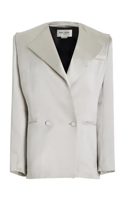 Burc Akyol Silk Satin Double-breasted Blazer In Grey