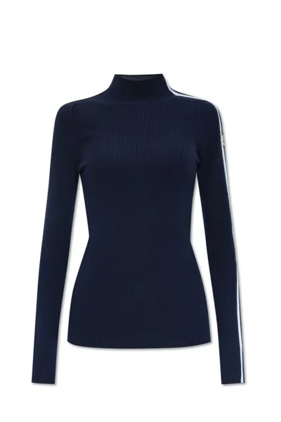 Moncler Logo Patch High Neck Jumper In Blue