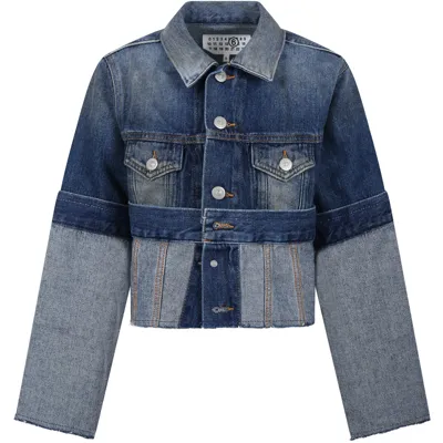 Mm6 Maison Margiela Kids' Cropped Cotton Denim Jacket In Blue