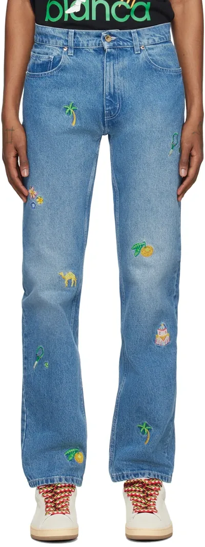 Casablanca Embroidered-design Cotton Straight-leg Jeans In Blue