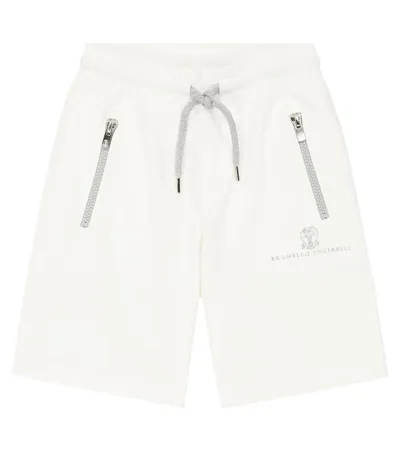 Brunello Cucinelli Kids' Logo Cotton Jersey Bermuda Shorts In White