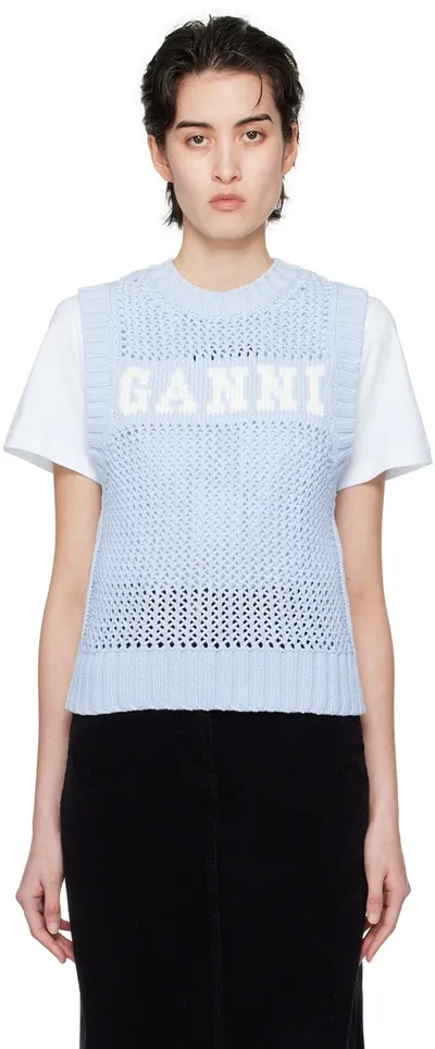 Ganni Intarsia-knit Logo-organic-cotton Vest In Powder Blue