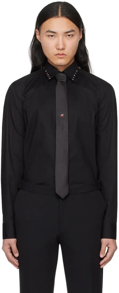 Hugo Slim-fit Shirt In Stretch Cotton With Studded Collar In Black